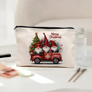 Close-up of Christmas gnome canvas makeup bag with festive red truck print and durable zipper detail.