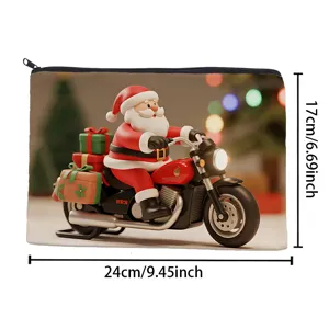 Christmas Santa Claus Motorcycle Print Canvas Zipper Pouch Makeup Bag Travel Case