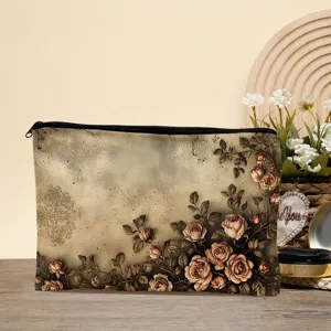 Astuccio cosmetico e porta penne in tela floreale vintage, vista dettagliata squisita.