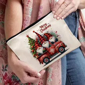 Christmas gnome canvas makeup bag with cute red truck print, zipper storage pouch for travel.