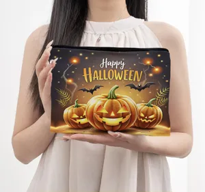 Canvas cosmetic bag with Halloween pumpkin print, large capacity storage pouch for daily use.