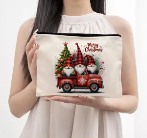 Christmas Gnome Canvas Cosmetic Bag Cute Red Truck Makeup Pouch Holiday Gift Storage Bag Women