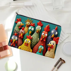 Cute cartoon rooster print canvas zipper makeup pouch travel cosmetic bag organizer