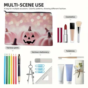 Pink pumpkin print cosmetic bag, multi-scene storage pouch for stationery and toiletries.