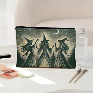 Vintage witch print cosmetic bag, large capacity canvas makeup pouch for women and travel.