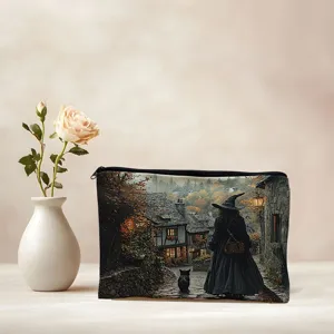 Linen cosmetic bag with vintage witch print, large capacity zipper pouch for daily storage.