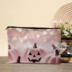 Pink pumpkin cosmetic bag with zipper closure, cute Halloween makeup pouch for daily use.