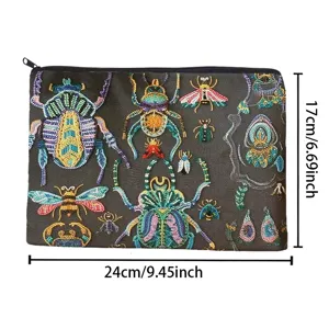 Canvas cosmetisch tasje met kleurrijke kralen insecten print, handig etui met rits 24cm.