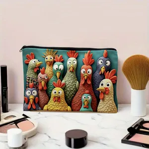 Cute 3D cartoon rooster print makeup bag, stylish canvas zipper pouch for travel and daily storage.