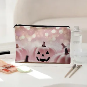 Pink Halloween pumpkin makeup bag with zipper, stylish cosmetic storage pouch for daily travel essentials.