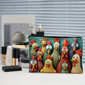 Cartoon chicken print zipper makeup pouch, portable travel cosmetic bag and storage organizer