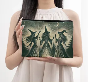 Witch print cosmetic bag portable large capacity makeup pouch for women daily storage.
