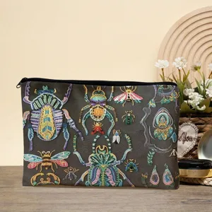 Canvas make-up tas met kleurrijke kevers print, ritssluiting, stijlvolle reisetui voor dames.