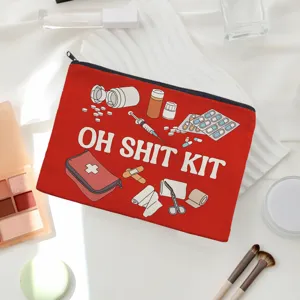 Sac cosmétique zippé en toile rouge, trousse de maquillage portable et rangement de papeterie.