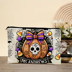 Leinen Kosmetiktasche Reise Make-up Beutel mit Halloween Kürbis Druck und Namensdetail.
