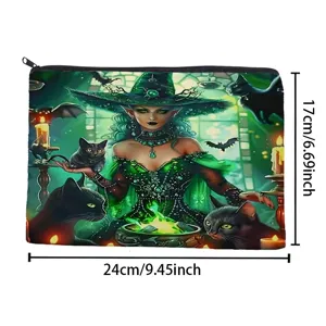 Fantasy witch graphic makeup bag detail showing large capacity, portable toiletry storage design.