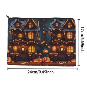 Halloween haunted house canvas cosmetic bag pencil case zipper storage pouch 24x17cm