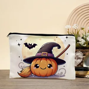 Cute Halloween pumpkin print canvas zipper cosmetic bag, portable makeup pouch for travel.