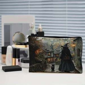 Vintage witch and black cat canvas makeup bag zipper pouch for daily storage and travel use.