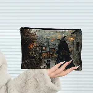 Linen Canvas Cosmetic Bag Easter Bunny Witch Cat Makeup Pouch Large Capacity Travel Toiletry Bag Student Pencil Case