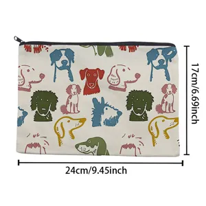 Canvas makeup bag with cute doodle dog pattern, zipper closure, travel cosmetic pouch for women and girls.