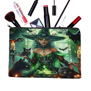 Fantasy witch print cosmetic bag, large capacity portable makeup pouch for women and girls.