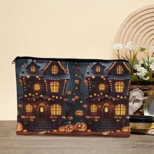 Halloween spooky house printed canvas makeup pouch detail view, zipper cosmetic storage bag.