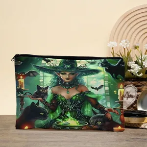 Portable large capacity cosmetic bag with witch and black cat fantasy print for women.