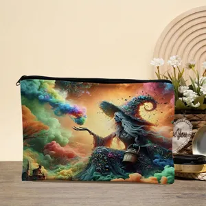Fantasy print makeup bag detail view, featuring vibrant artistic design and smooth zipper closure.