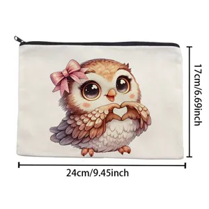 Cute owl canvas makeup bag with zipper, portable travel cosmetic pouch and pencil case storage.