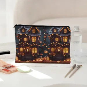 Halloween haunted house makeup pouch canvas zipper cosmetic bag storage organizer purse
