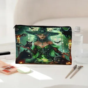 Detail view of fantasy witch makeup bag, showcasing anime cat print and large capacity storage.