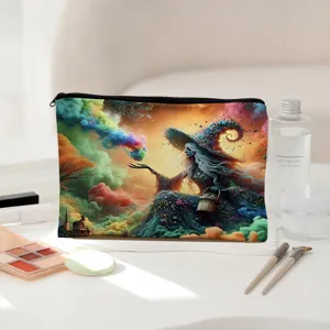 Colorful fantasy print cosmetic bag with zipper, large capacity makeup storage pouch for travel.