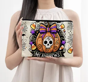 Halloween Leinen Kosmetiktasche tragbare Reise Make-up Tasche mit Kürbis Totenkopf Motiv