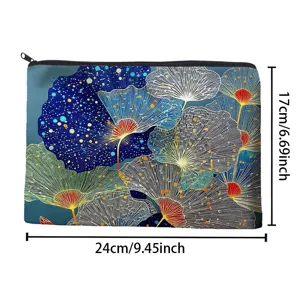 Detail van canvas cosmetisch tasje met blauw en goud ginkgobladeren patroon en rits.