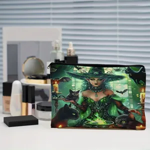 Close-up detail of the printed cosmetic bag featuring a witch design in a vanity scene.