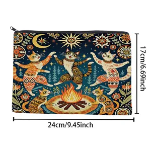 Pochette zippée en toile avec motif artistique de chats et feu de camp, trousse.
