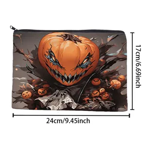 Halloween creepy pumpkin print zipper cosmetic bag portable canvas makeup storage pouch