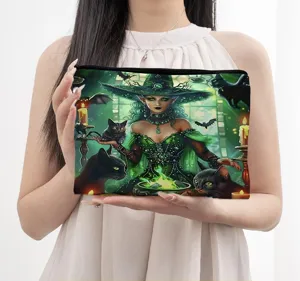 Close-up view of a magical witch and black cat printed makeup pouch, portable storage design.