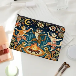 Pochette de maquillage en toile avec imprimé chat mignon, trousse de toilette zippée, étui.