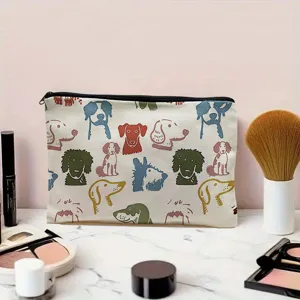 Detail shot of retro dog print canvas cosmetic zipper pouch on stylish marble makeup table.