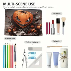 Halloween pumpkin print makeup bag detail view, multi-scene storage pouch for daily use.