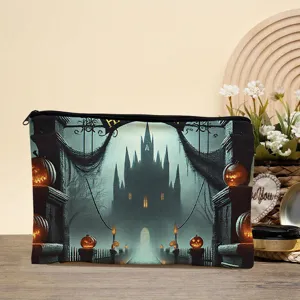 Leinwand Kosmetiktasche mit Halloween Schloss und Kürbis Druck, tragbare Reise Reißverschlusstasche.