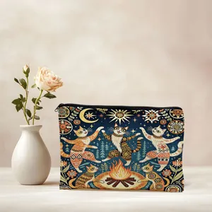 Trousse de maquillage en toile avec fermeture éclair, chats danseurs et joli feu de camp.