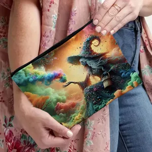Detailed shot of a colorful fantasy printed cosmetic bag held in hand, showcasing zipper and art.