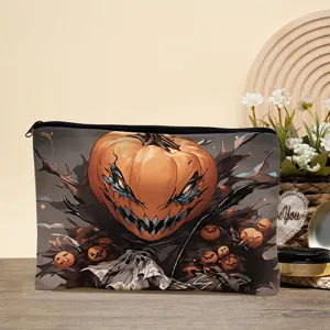 Halloween spooky pumpkin print zipper cosmetic bag detail shot, stylish pouch for daily use.