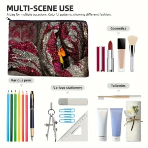 Canvas cosmetic pouch detail showing multi-scene use for stationery, pens and makeup items.