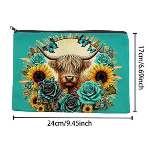 Highland cow floral cosmetic bag zipper pencil pouch storage travel organizer aesthetic design