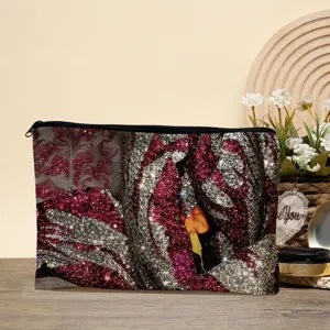 Canvas zipper makeup pouch with sparkling glitter design, ideal for daily travel use.