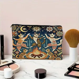 Trousse de toilette en toile avec chatons dansant et feu de camp, fermeture éclair résistante.